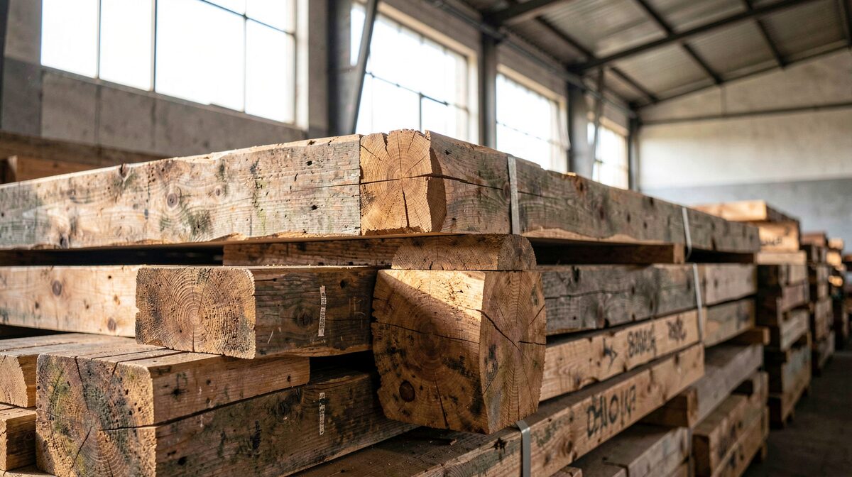 A stack of weathered salvaged wooden beams in a Philadelphia reuse warehouse, morning light through high windows, close framing on grain and old joinery cuts.