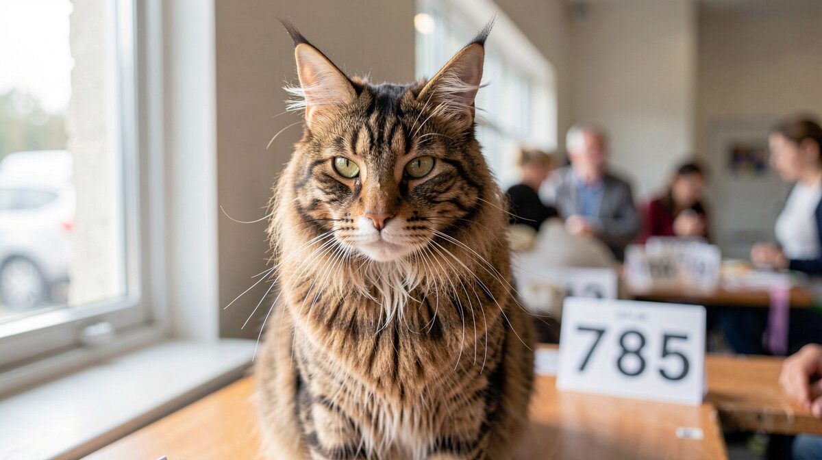 A Maine Coon cat standing on a table at an indoor cat show in Philadelphia, natural window light, close framing on the square muzzle and tufted ears with show numbers visible in the background