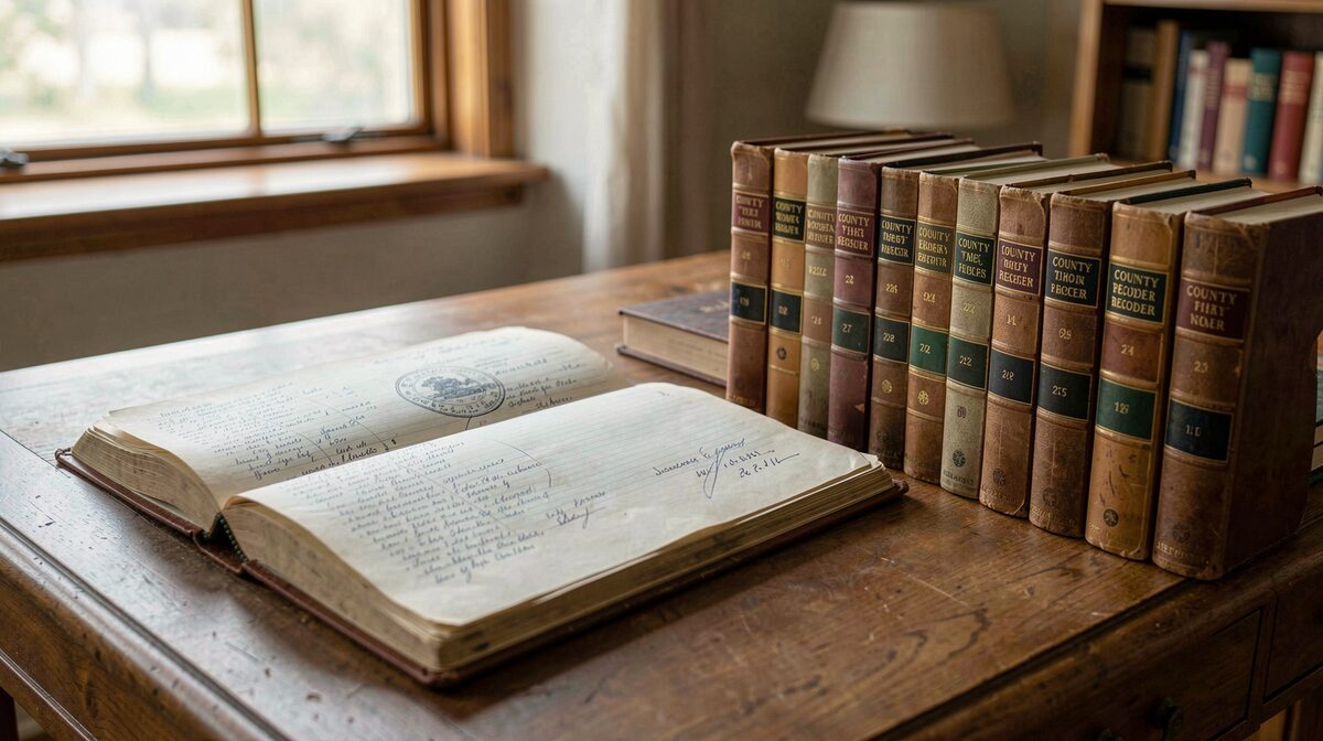 A close view of a county recorder's ledger and a stack of recorded deed books on a wooden desk, lit by soft window light.