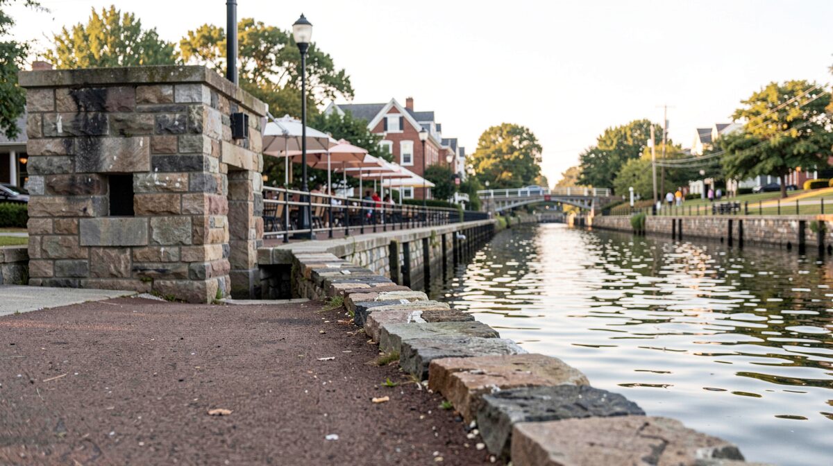 The Delaware Canal towpath in New Hope at late morning, with a stone lock structure in frame and canal-side cafe terraces along the bank, shot from a low angle along the water
