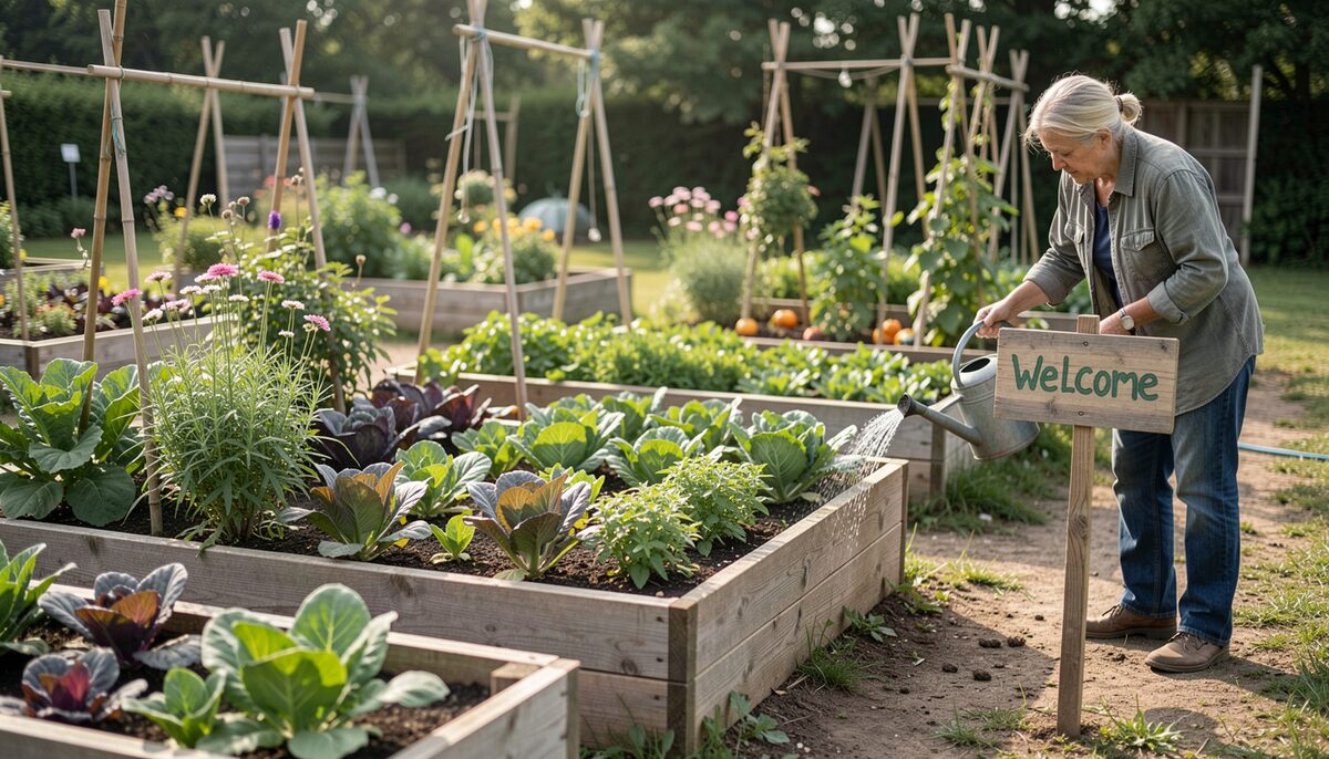 A community garden with raised beds, a person watering, and a welcome sign. Illustrative image, generated with AI.