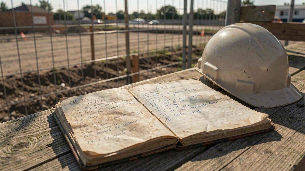 A weathered paper site log book lying open on a wooden plank beside a hard hat, morning light raking across handwritten entries at the edge of a fenced construction site.