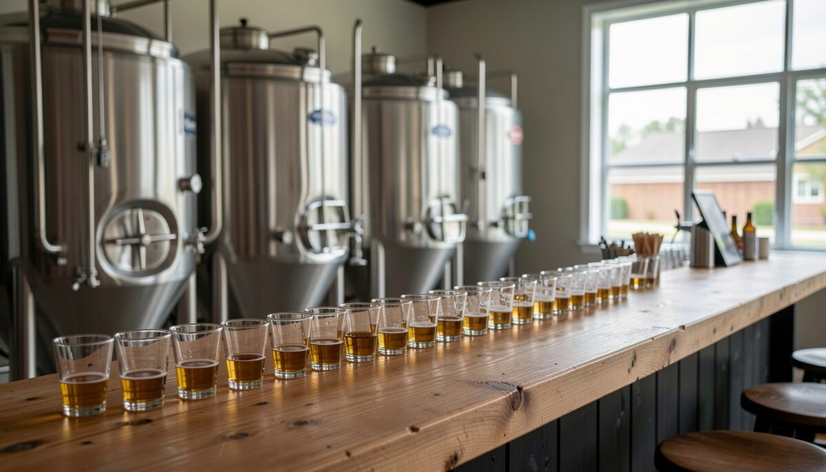 Brewery tasting room with stainless steel tanks behind a wooden bar holding a row of small glasses. Illustrative image, generated with AI.