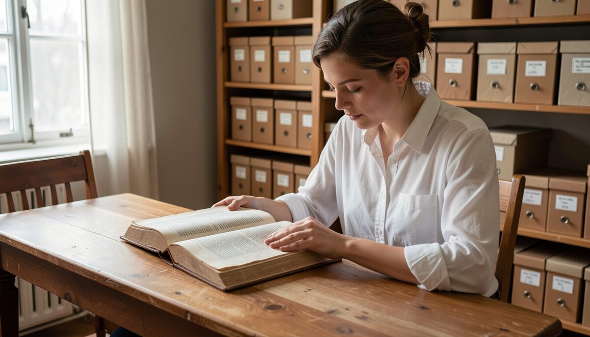 A person examines an old cookbook in a reading room. Illustrative image, generated with AI.