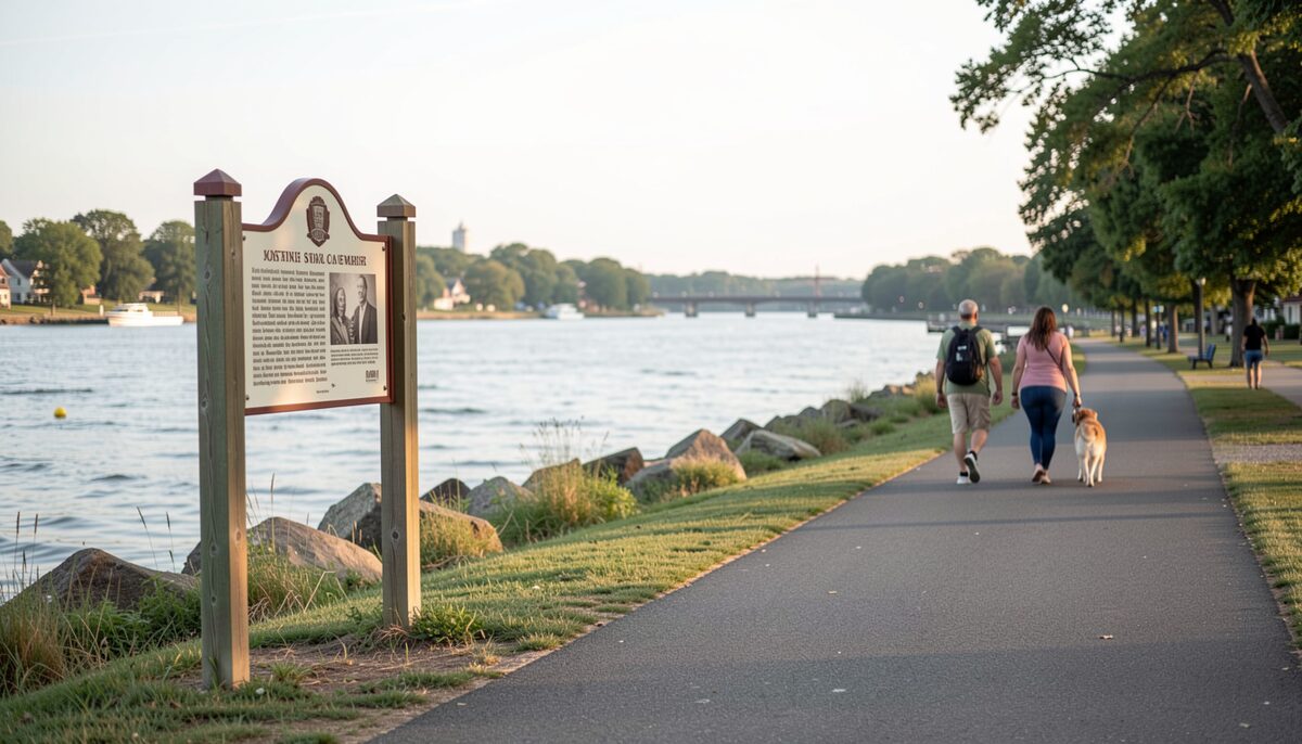 A paved waterfront trail with a historical marker sign, a view of the Delaware River, and a couple walking with a dog. Illustrative image, generated with AI.
