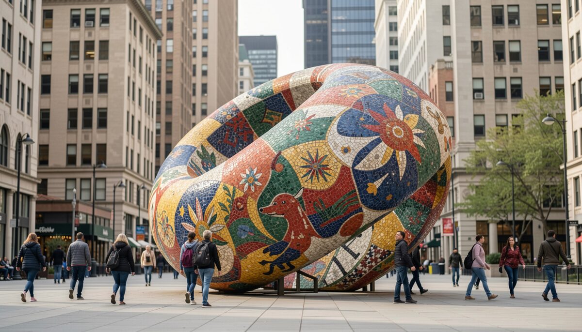 A large colorful mosaic sculpture on a city plaza with pedestrians walking past and tall buildings in the background. Illustrative image, generated with AI.