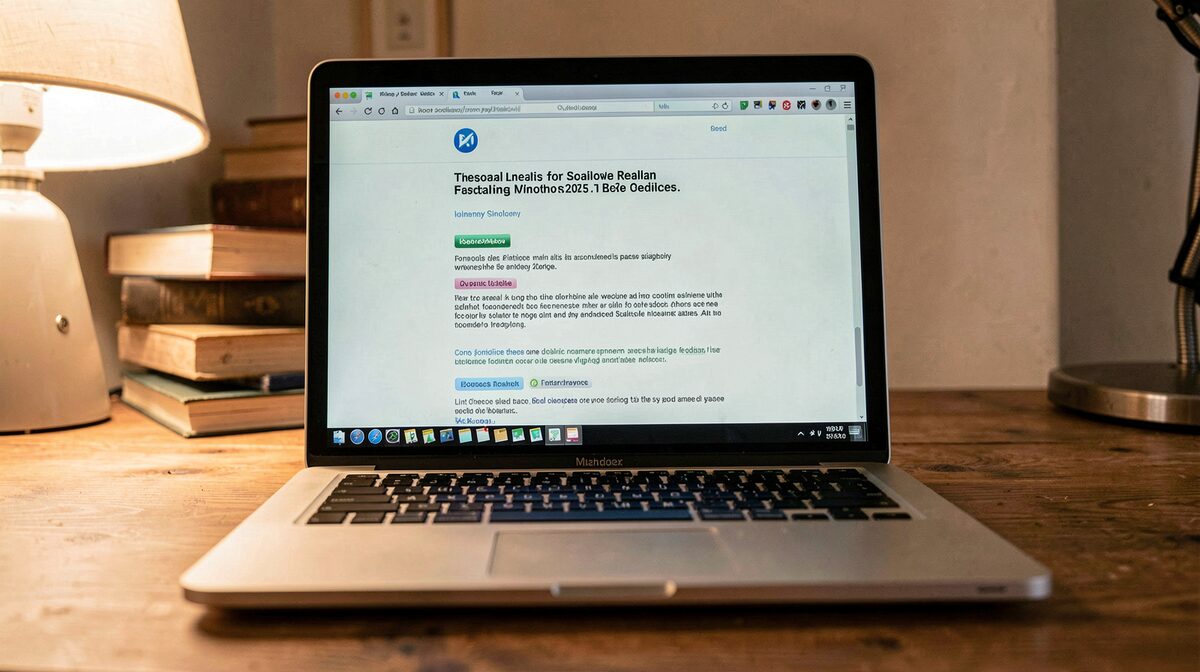 An open laptop on a wooden desk showing a simple early-2000s style personal web page, warm lamp light, close framing on the screen.