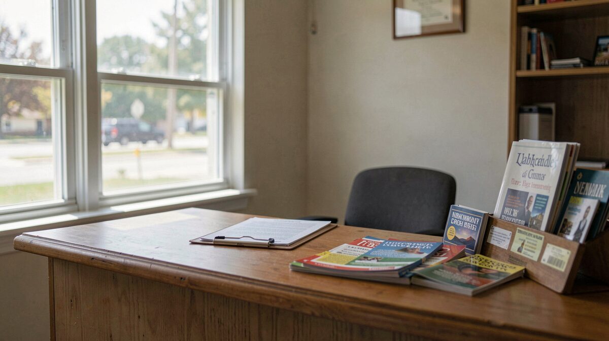 A quiet front desk at a small community center in Newark, Ohio, morning light through a window, a clipboard and brochures on the counter, shot straight on at counter height.
