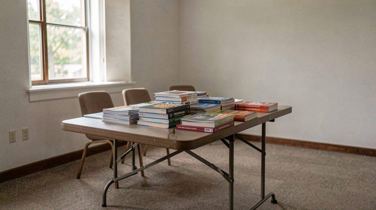 A folding table at the back of a plain community meeting room, stacked with AA pamphlets and books, morning light through a window, wide angle