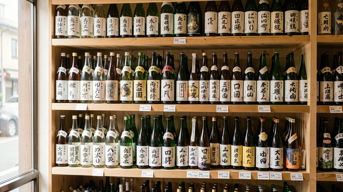 A neatly arranged sake shelf in a shop, bottle labels facing out under soft daylight from a front window, shot straight on at eye level.
