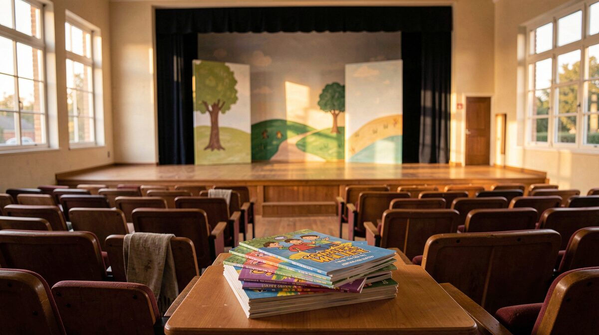 A school auditorium stage with simple painted scenery and a stack of children's theater programs on a table in the front row, lit by warm late afternoon light through side windows, photographed from the aisle at stage level.