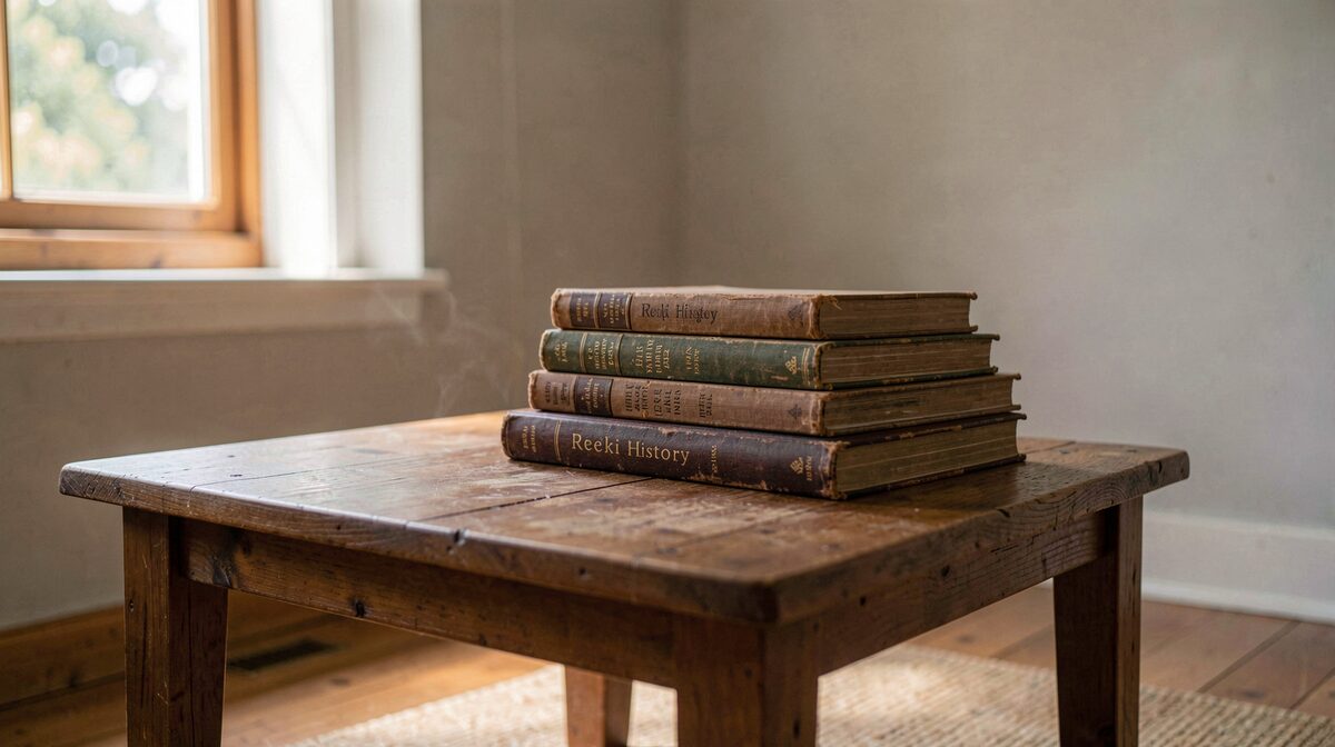 A quiet reading room with a low wooden table, a stack of worn books on Reiki history, soft morning light through a side window